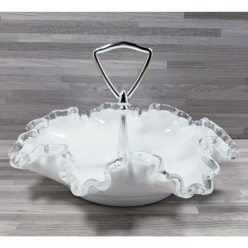 Vintage Fenton Silver Crest Milk Glass Bon Bon Candy Dish with Metal Handle